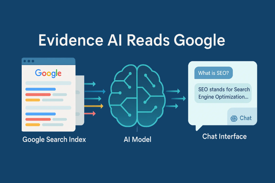 Flat-Vector Diagram Showing Google Search Snippets Feeding A Neural-Network Brain That Outputs A Chat Answer, Illustrating Evidence That Ai Models Ingest Google’s Index.
