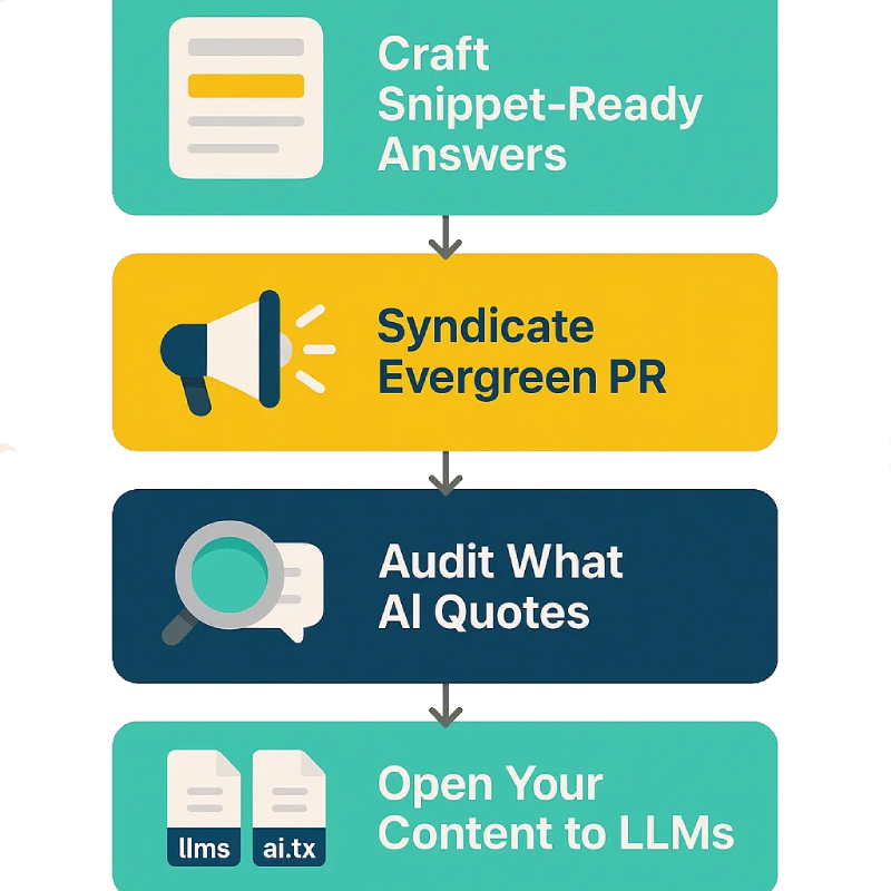 Vertical Infographic Listing Five Steps—Craft Snippet-Ready Answers, Syndicate Evergreen Pr, Audit Ai Quotes, Open Content Via Llms.txt And Ai.txt—Guiding How To Rank In Both Google And Ai Search Results.